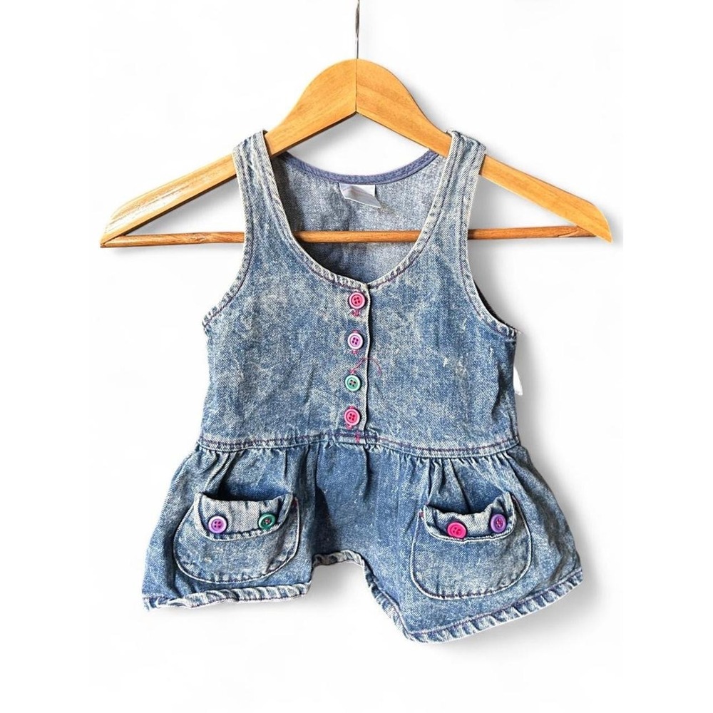 Toddler Denim Jumper Dress 2T Vintage Acid Wash Peplum Top 90s Pink Teal Buttons